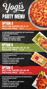 Party Menu poster for Yogi's Bar & Grill.